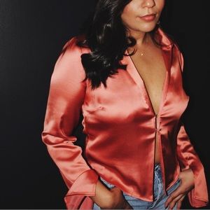 Satin plunge v neck shirt with split hems